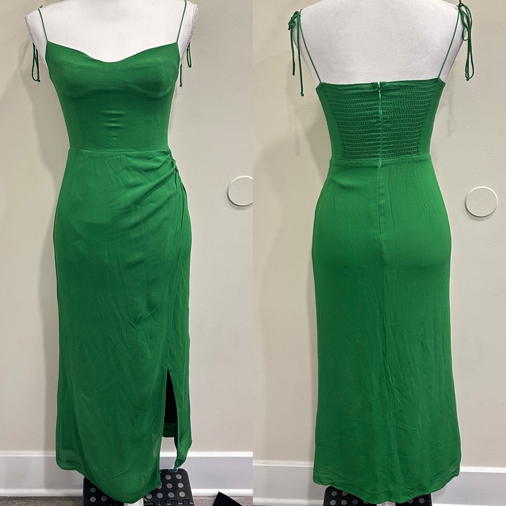 Reformation Kourtney Midi Slip Dress‎ Crepe Emerald Green Tie Straps High Slit